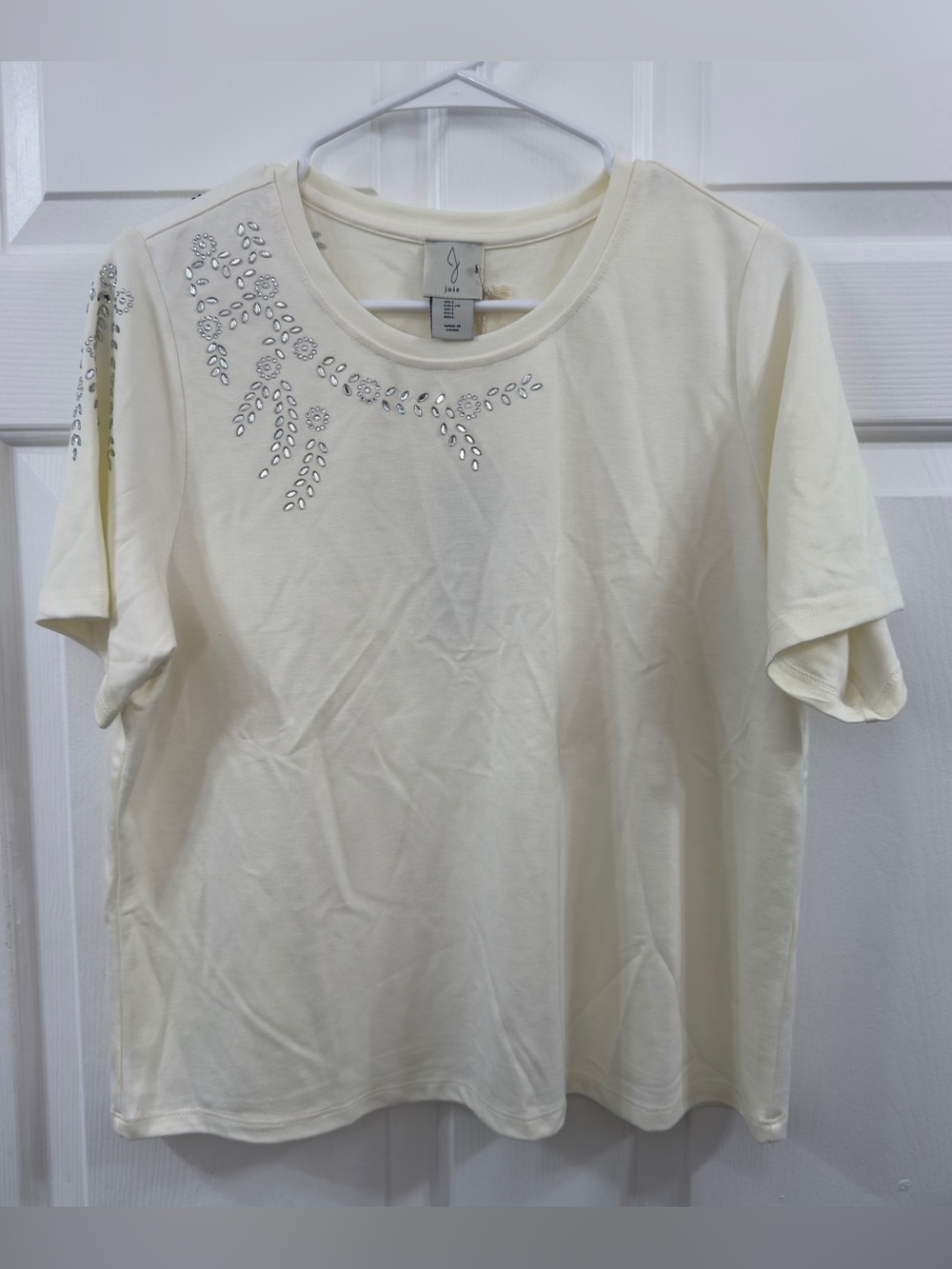 Joie Cream Short Sleeve Tee with Rhinestone Leaf Motif